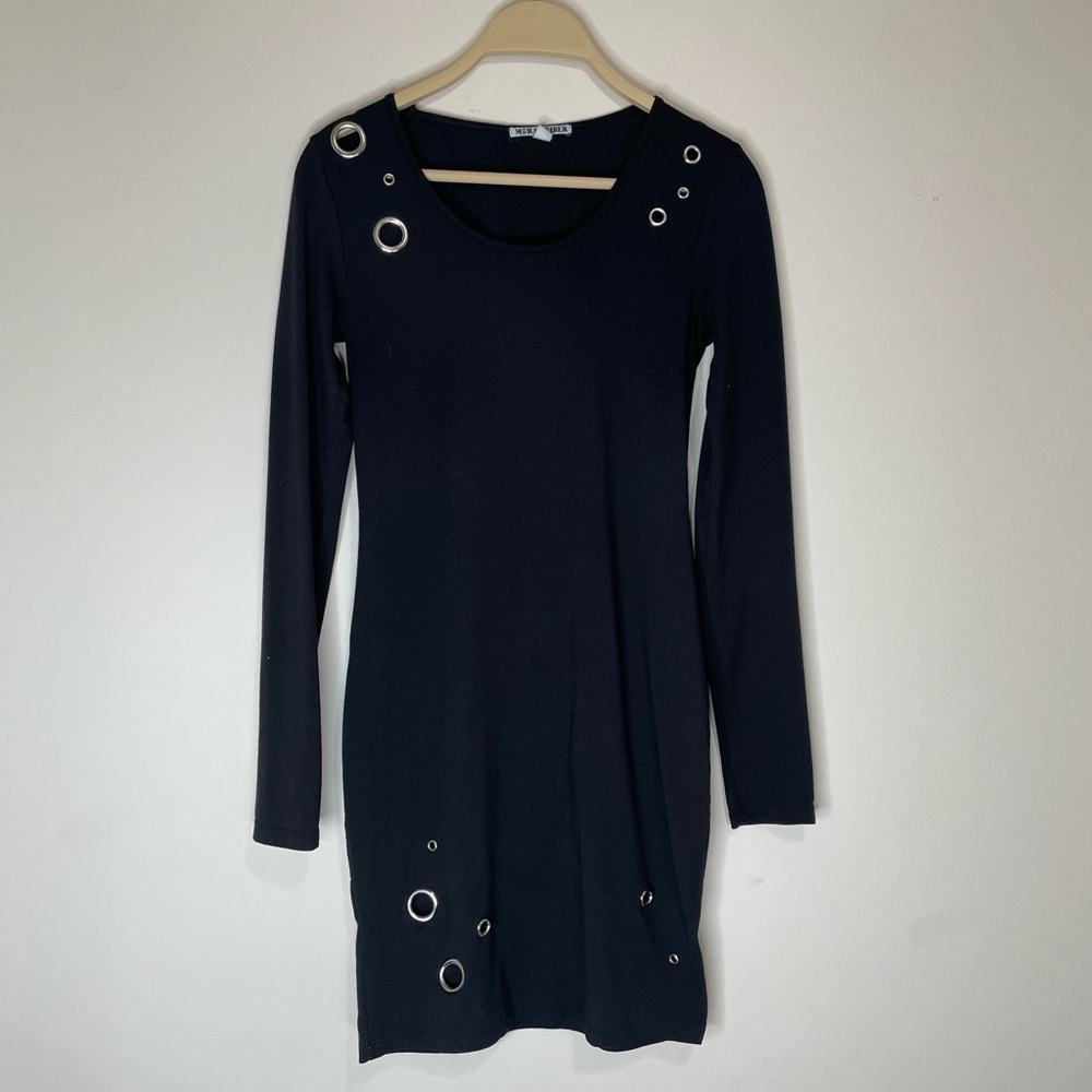 Y2K Grunge Womens Moral Fiber Goth Black Grommet Mini Dress W| Silver Eyelets